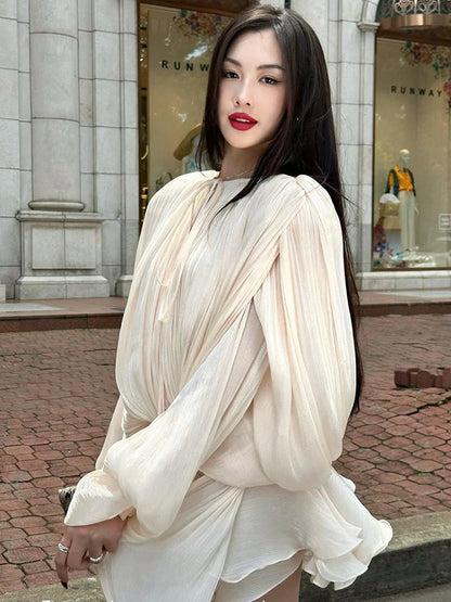VGH Minimalist Solid Loose Short Dresses For Women Round Neck Long Sleeve High Waist Spliced Lace Up Chic Dress Female Fashion
