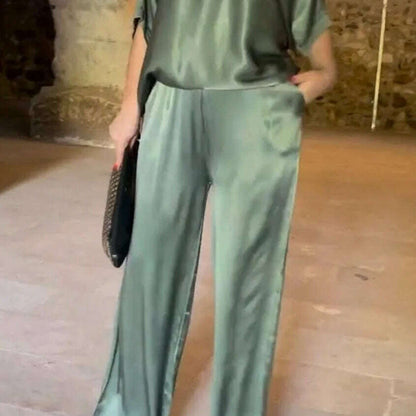 Elegant Women's Summer Satin V-neck Top & High-Waisted Pants Set