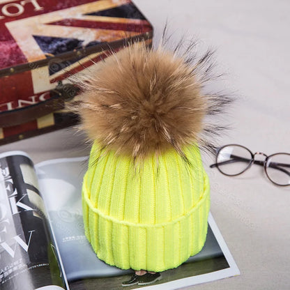 Winter NEW Women Pom Pom Beanies Warm Knitted Bobble Girl Fur Pompom Hats Real Raccoon Fur Pompon Casual Hat Cap
