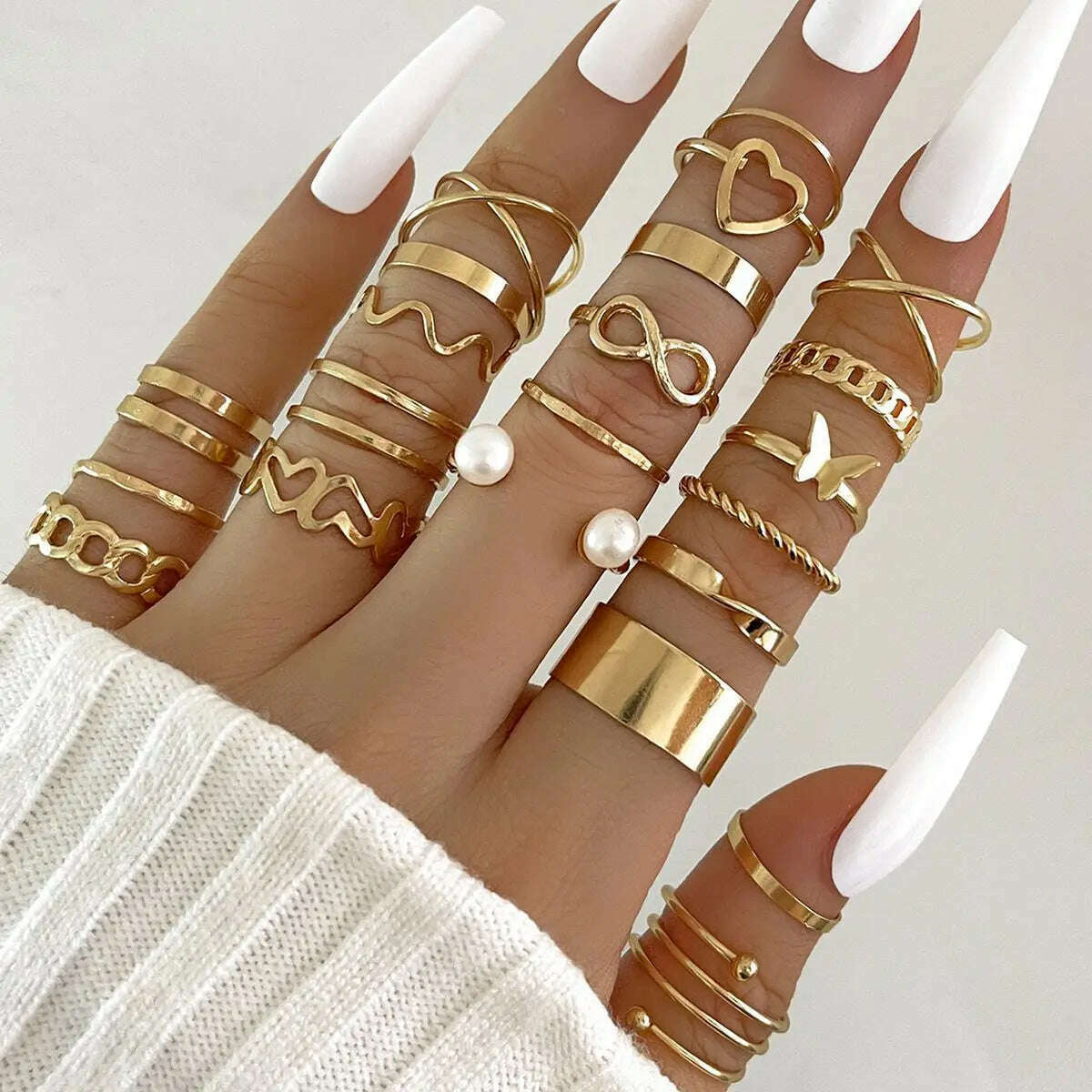 Fashion Simple Wave Joint Rings Set For Women Crystal Heart Shape Gold Silver Color Ring Female Party Jewelry - D&M Boutique