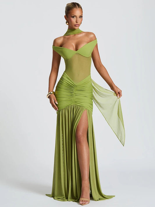 Mozision Off-shoulder Backless Sexy Maxi Dress Women Gown Halter Sleeveless Backless Thigh High Split Club Party Long Dress