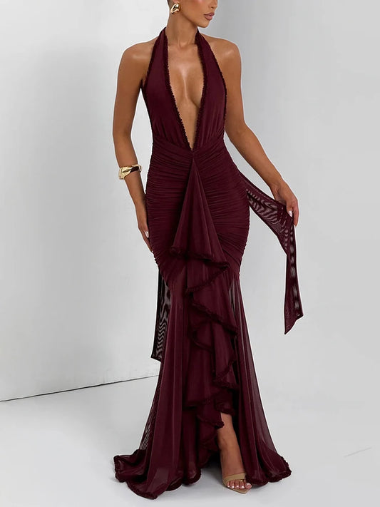 Mozision Elegant Halter Deep V Neck Sexy Maxi Dress Women Fashion Sleeveless Backless Ruched Evening Club Party Long Dress
