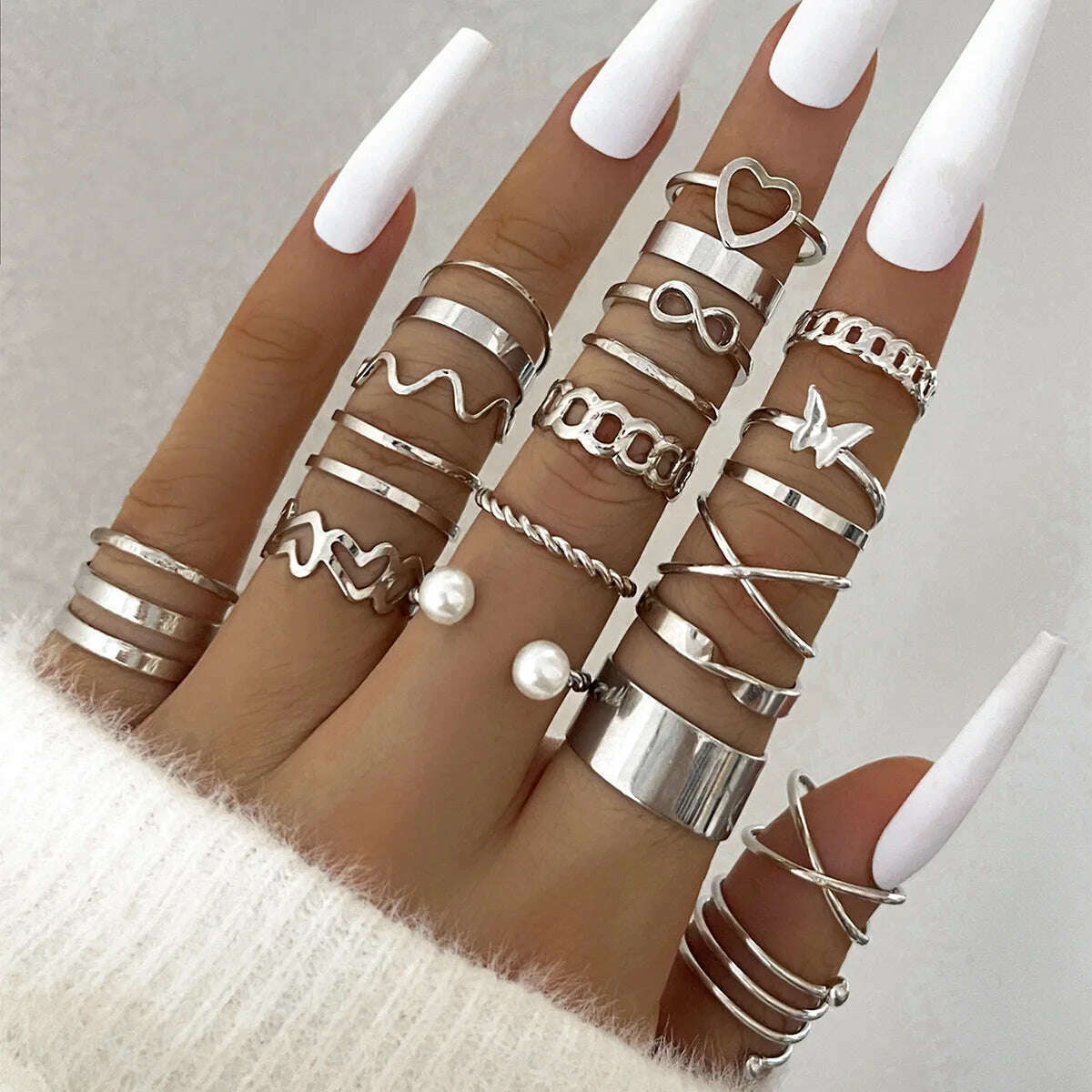 Fashion Simple Wave Joint Rings Set For Women Crystal Heart Shape Gold Silver Color Ring Female Party Jewelry - D&M Boutique
