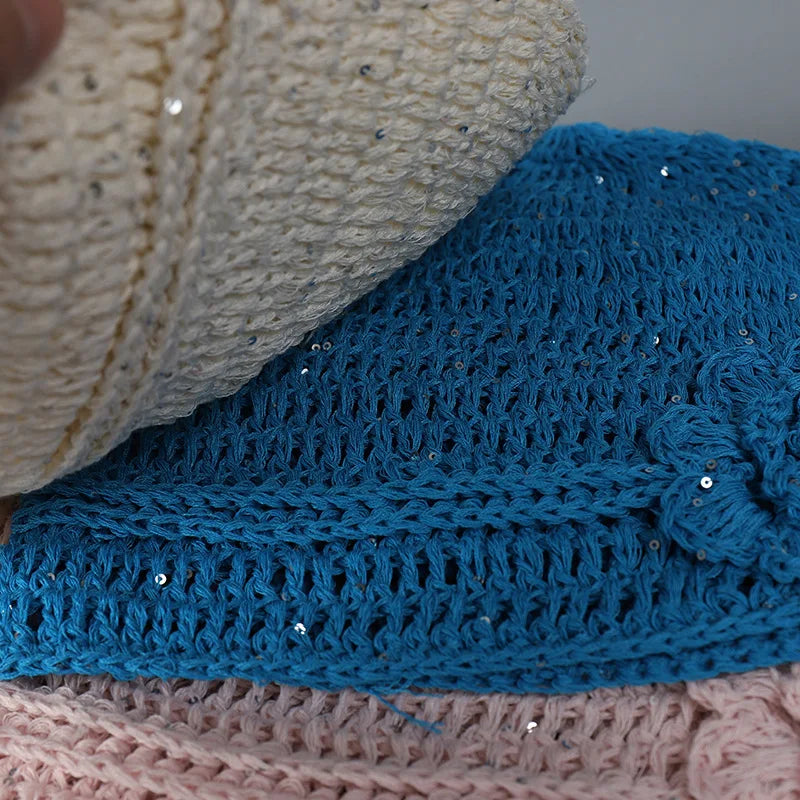 Popular Handmade Crochet Summer Beanies Hat For Women Solid Fashion Flower Sequin Best Matched Girls Skullies Bonnets Cap Gift