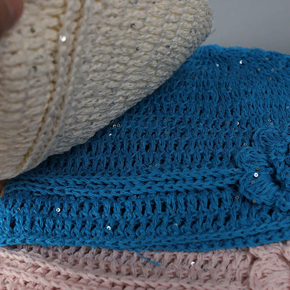 Popular Handmade Crochet Summer Beanies Hat For Women Solid Fashion Flower Sequin Best Matched Girls Skullies Bonnets Cap Gift