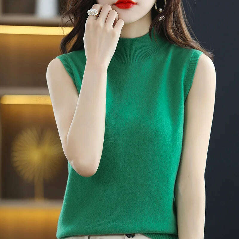 Casual Sleeveless Top – Mock Neck, Warm Knit, Korean Style