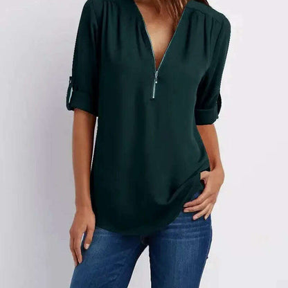 2024 Loose Chiffon Blouse: Deep V Neck, Zipper, Plus Size