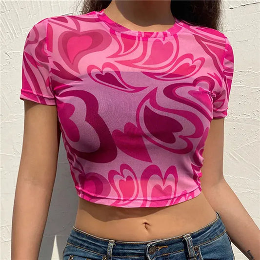 Pink Heart Mesh T-Shirt: Summer Kawaii Crop Top - D&M Boutique