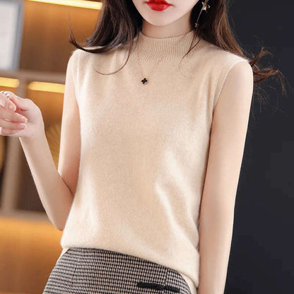 Casual Sleeveless Top – Mock Neck, Warm Knit, Korean Style