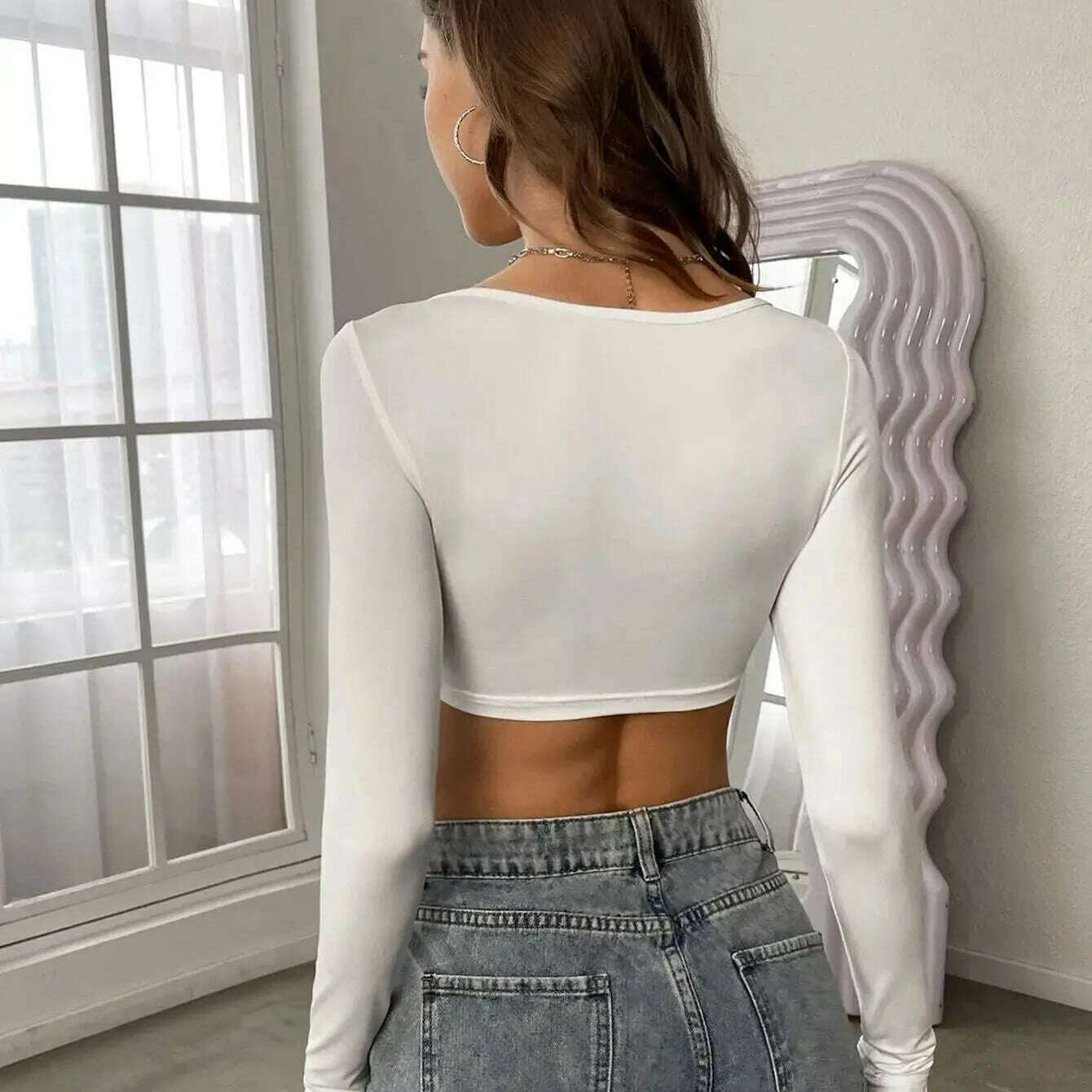 White Long Sleeve Crop Top: Y2K Corset, Knitted Elastic Tee - D&M Boutique 