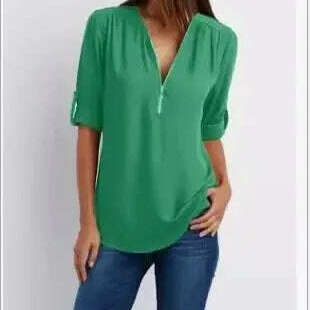 2024 Loose Chiffon Blouse: Deep V Neck, Zipper, Plus Size