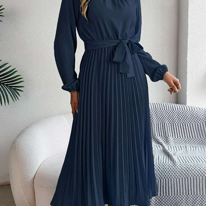 Autumn & Winter Pleated Stand-Up Collar Midi Dress
