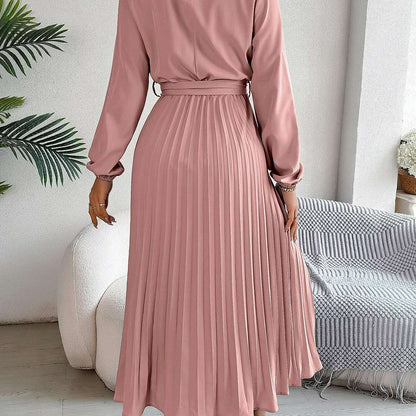 Autumn & Winter Pleated Stand-Up Collar Midi Dress