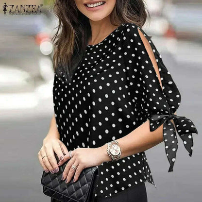 ZANZEA Casual Polka Dots Blouse: Half Sleeve, O-Neck, Oversize Tunic - D&M Boutique 