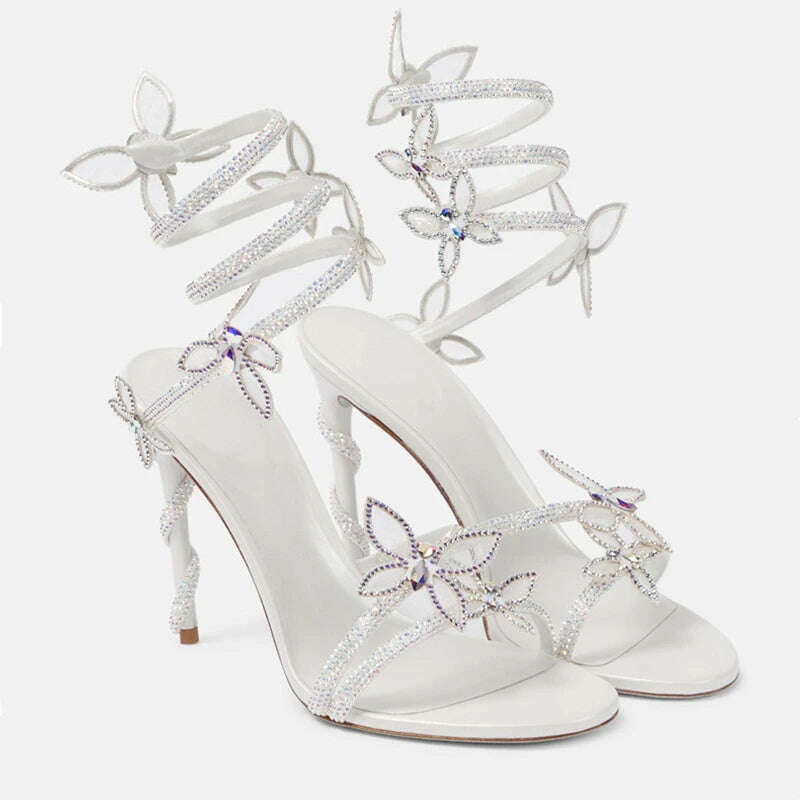 Crystal Butterfly Detail Gladiator Sandals - Coiled Strap Heels - D&M Boutique