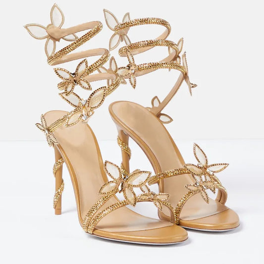 Crystal Butterfly Detail Gladiator Sandals - Coiled Strap Heels