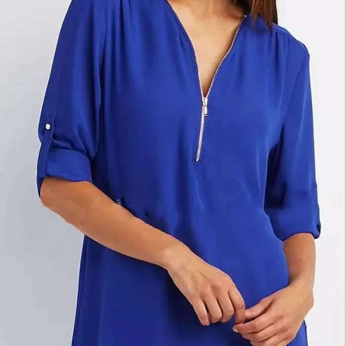 2024 Loose Chiffon Blouse: Deep V Neck, Zipper, Plus Size