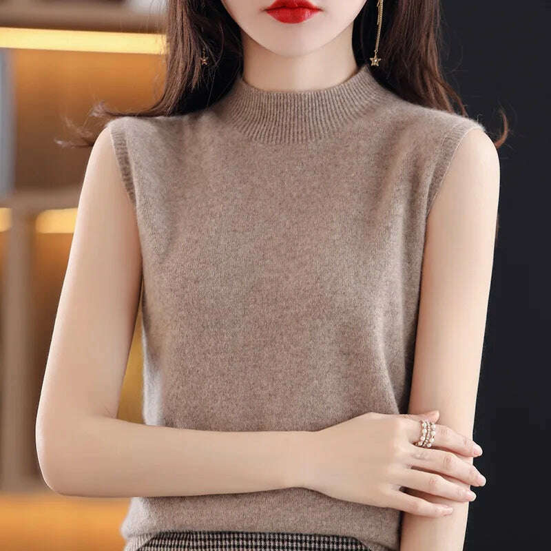 Casual Sleeveless Top – Mock Neck, Warm Knit, Korean Style