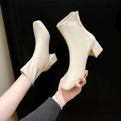 Casual Women's Thick Heel Medium Heel Boots Women's 2024 New Winter Square Toe Back Zipper Heightening Short Boots