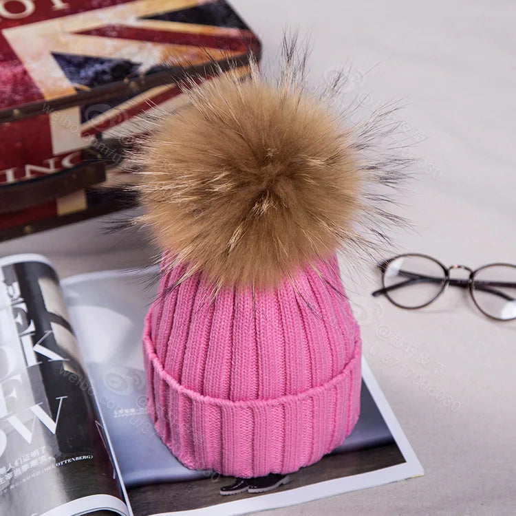 Winter NEW Women Pom Pom Beanies Warm Knitted Bobble Girl Fur Pompom Hats Real Raccoon Fur Pompon Casual Hat Cap