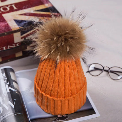 Winter NEW Women Pom Pom Beanies Warm Knitted Bobble Girl Fur Pompom Hats Real Raccoon Fur Pompon Casual Hat Cap