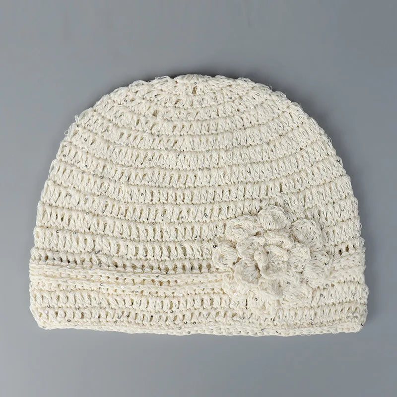 Popular Handmade Crochet Summer Beanies Hat For Women Solid Fashion Flower Sequin Best Matched Girls Skullies Bonnets Cap Gift