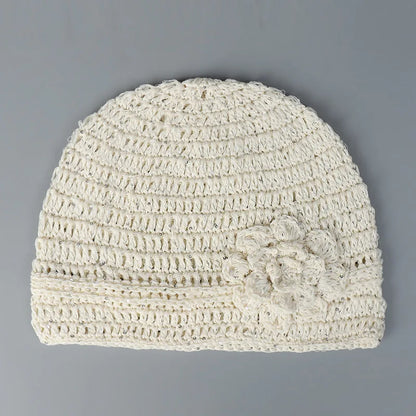 Popular Handmade Crochet Summer Beanies Hat For Women Solid Fashion Flower Sequin Best Matched Girls Skullies Bonnets Cap Gift