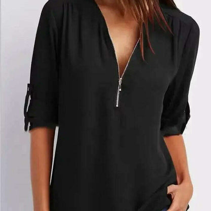 2024 Loose Chiffon Blouse: Deep V Neck, Zipper, Plus Size