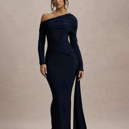 Mozision Skew Collar Long Sleeve Maxi Dress