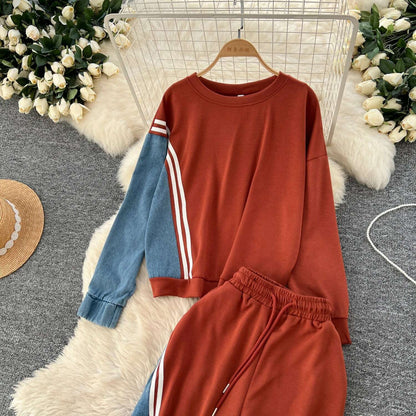 SINGREINY Autumn Casual 2-Piece Set, O-Neck Top & Drawstring Pants - D&M Boutique