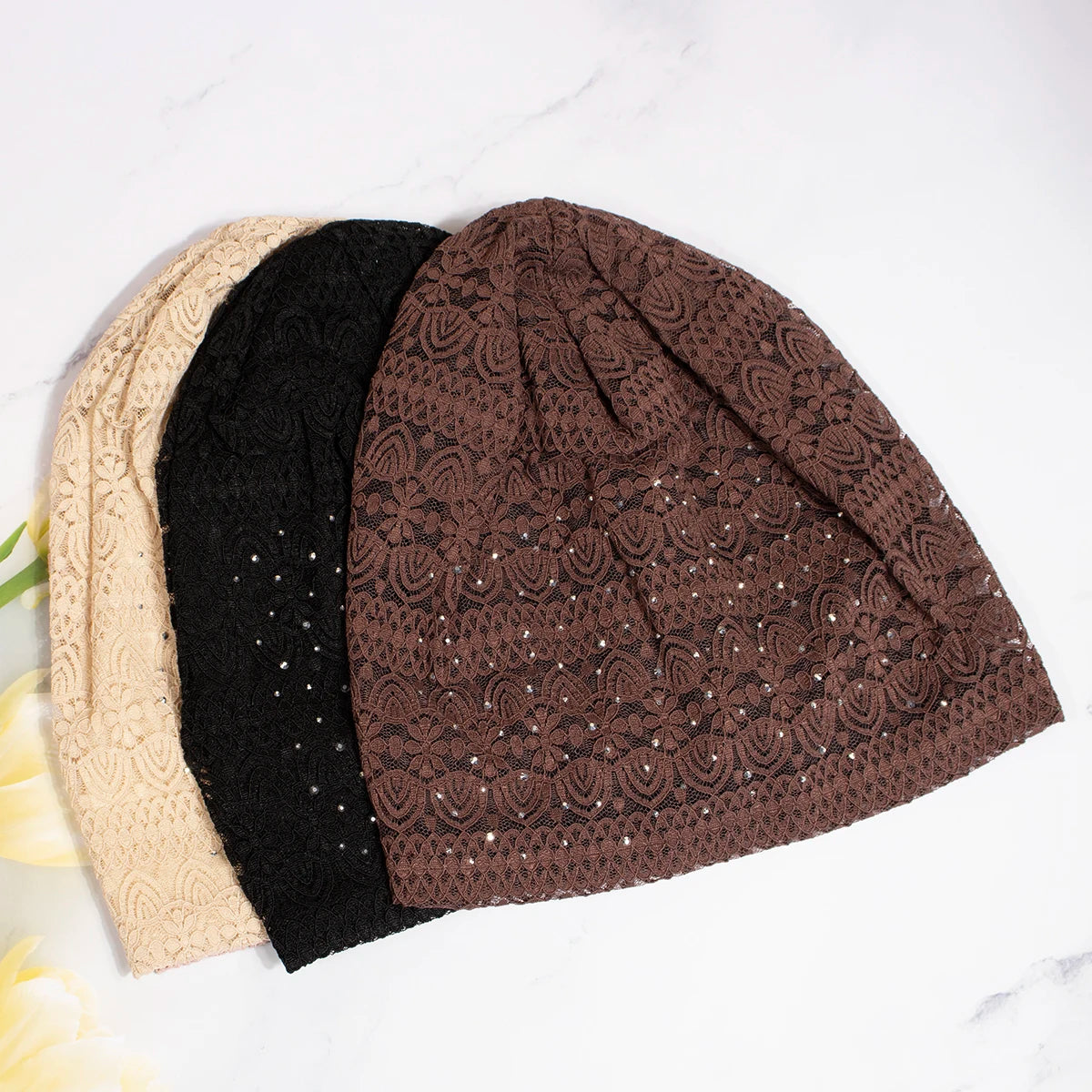 Women Fashion Lace Beanies Cap Rhinestone flower lace breathable spring summer beanie caps