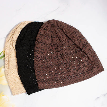 Women Fashion Lace Beanies Cap Rhinestone flower lace breathable spring summer beanie caps