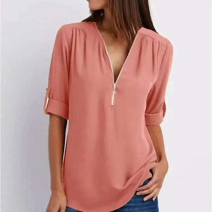 2024 Loose Chiffon Blouse: Deep V Neck, Zipper, Plus Size