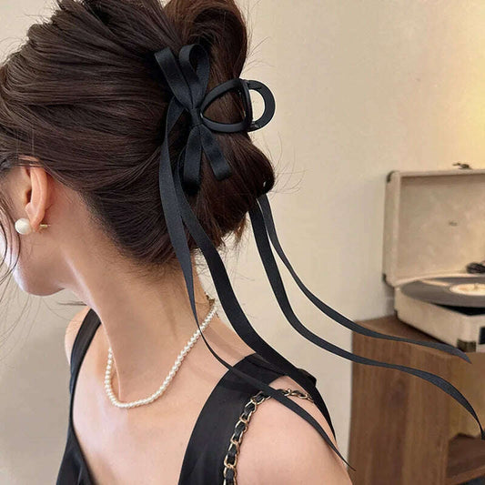 Elegant Black Bow Ribbon Hair Claw Clip for Women