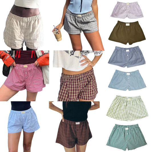 Women’s Y2K Plaid Print Shorts – Elastic, Low Waist, Button Front - D&M Boutique