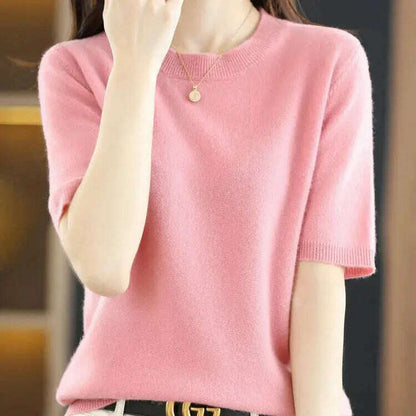 New Short-Sleeved Knit T-Shirt Women O-Neck Pullover Top - D&M Boutique 
