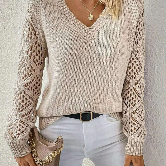 2024 Fashion V-Neck Knit Sweater: Solid, Casual Fall Pullover