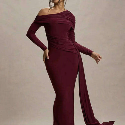 Mozision Skew Collar Long Sleeve Maxi Dress