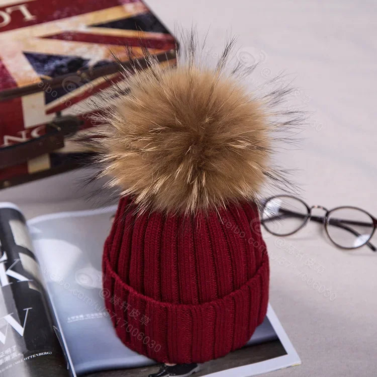 Winter NEW Women Pom Pom Beanies Warm Knitted Bobble Girl Fur Pompom Hats Real Raccoon Fur Pompon Casual Hat Cap