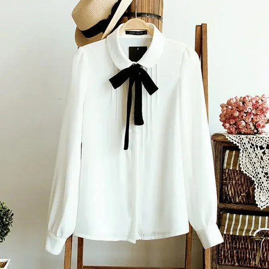 Women’s White Chiffon Blouse: Lapel Collar, Bow Tie Top - D&M Boutique