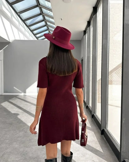 Trendix Elegant Knit Mini Dress Women Street Slim High Waist Short Sleeve Rib Sweater Dresses Vacation Bodycon Knitwear Dress