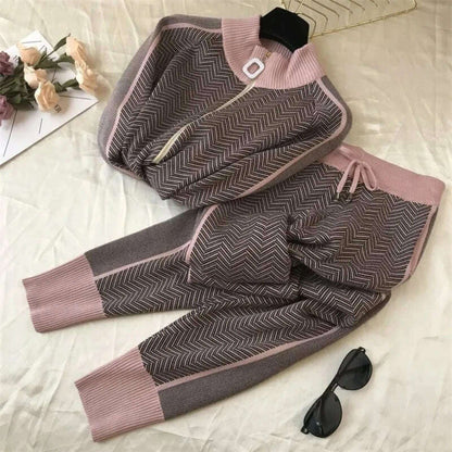 Korean Fashion 2-Piece Set, Half Turtleneck Knit Jacket & Jogger Pants - D&M Boutique