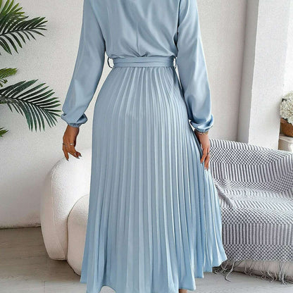 Autumn & Winter Pleated Stand-Up Collar Midi Dress
