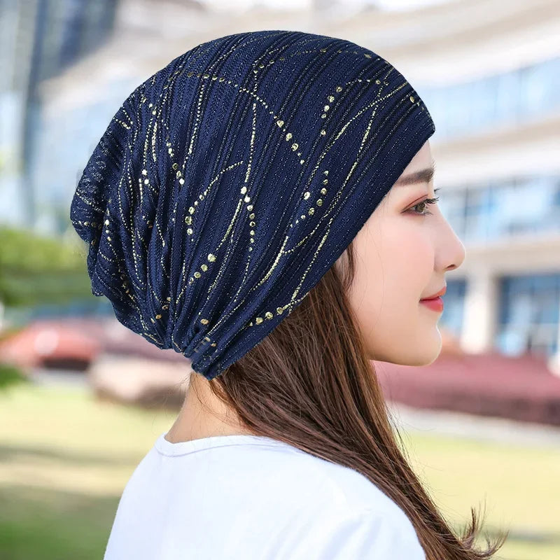 Women Summer Lace Rhinestone Breathable Sunscreen Sun Hat Female Fashion Spring Autumn Windproof Warm Black Cap Headscarf K39
