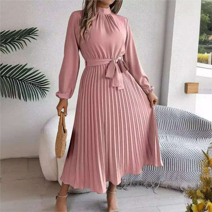 Autumn & Winter Pleated Stand-Up Collar Midi Dress
