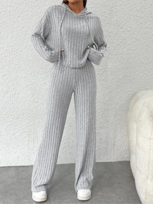 Spring Autumn Women's Solid Color Striped Hoodie & Pants Set