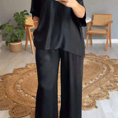 Elegant Women's Summer Satin V-neck Top & High-Waisted Pants Set