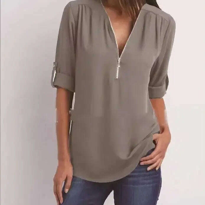 2024 Loose Chiffon Blouse: Deep V Neck, Zipper, Plus Size