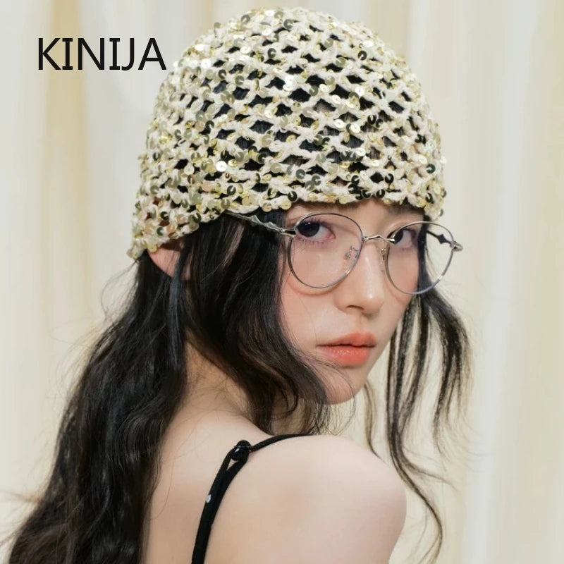 Fashion Vintage Sequined Hollow Pullover Hats Women Spring Summer Travel Photo Atmosphere Versatile Casual Y2K Knit Beanie Hat