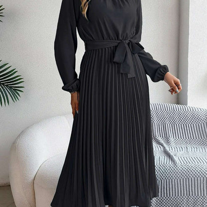 Autumn & Winter Pleated Stand-Up Collar Midi Dress
